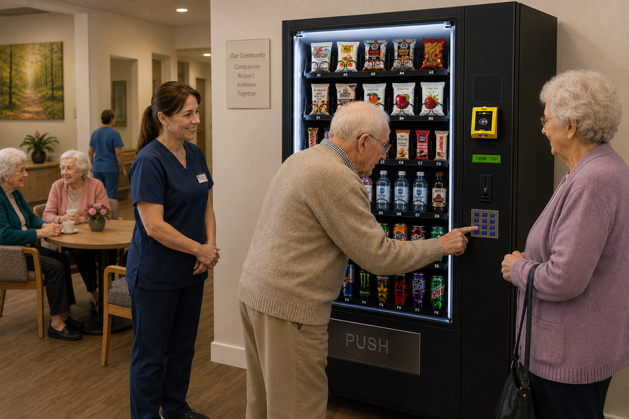 Fully managed vending machine supplying refreshments within an aged care facility.