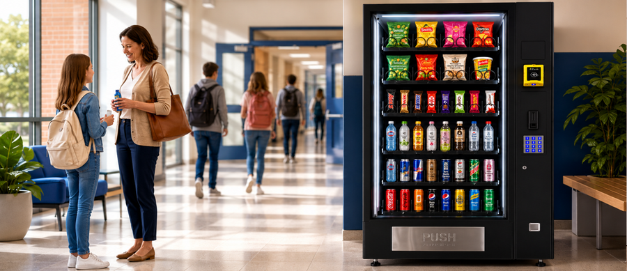 School vending machine providing nutritious snacks and beverages for educational facilities.