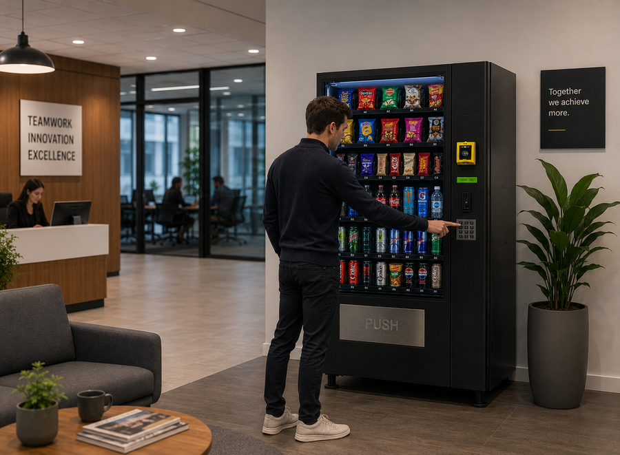 Fully managed office vending machine stocked with snacks and cold drinks for employees.