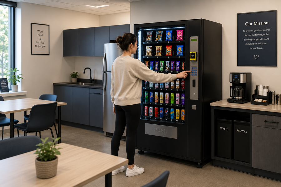Snack and beverage vending machine enhancing customer convenience in a retail store.