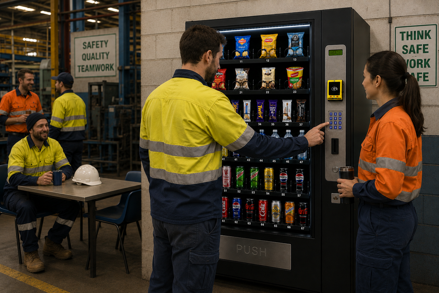 Fully managed vending machine supplying refreshments for warehouse and factory workers.
