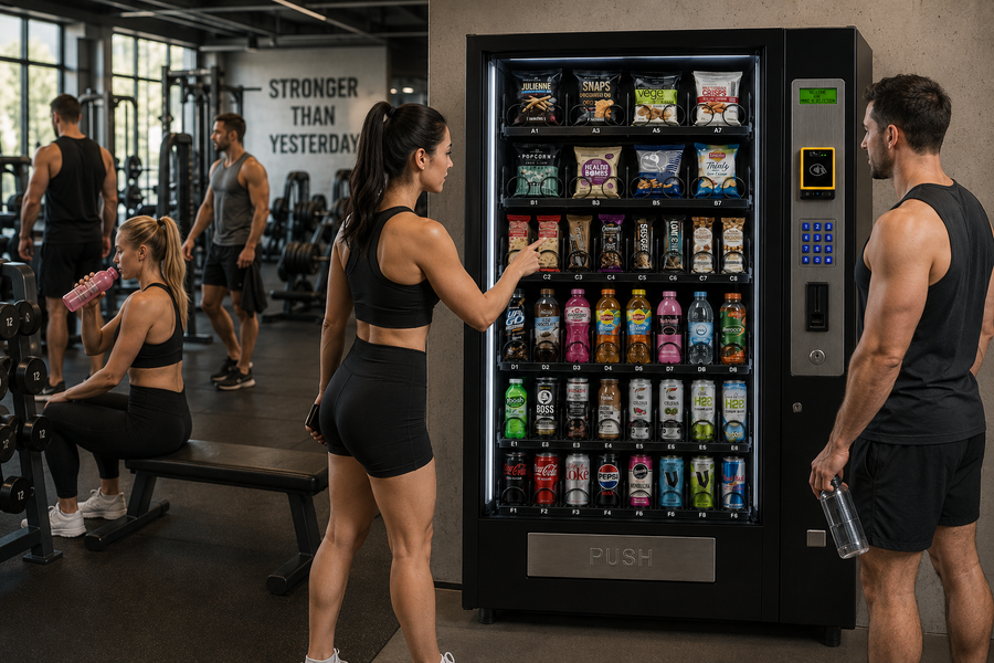 Healthy vending machine offering protein bars, sports drinks and nutritious snacks.